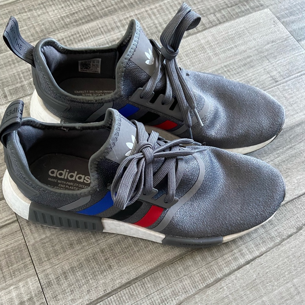 Adidas NMD Size 10 Grey with Red and Blue Stripes